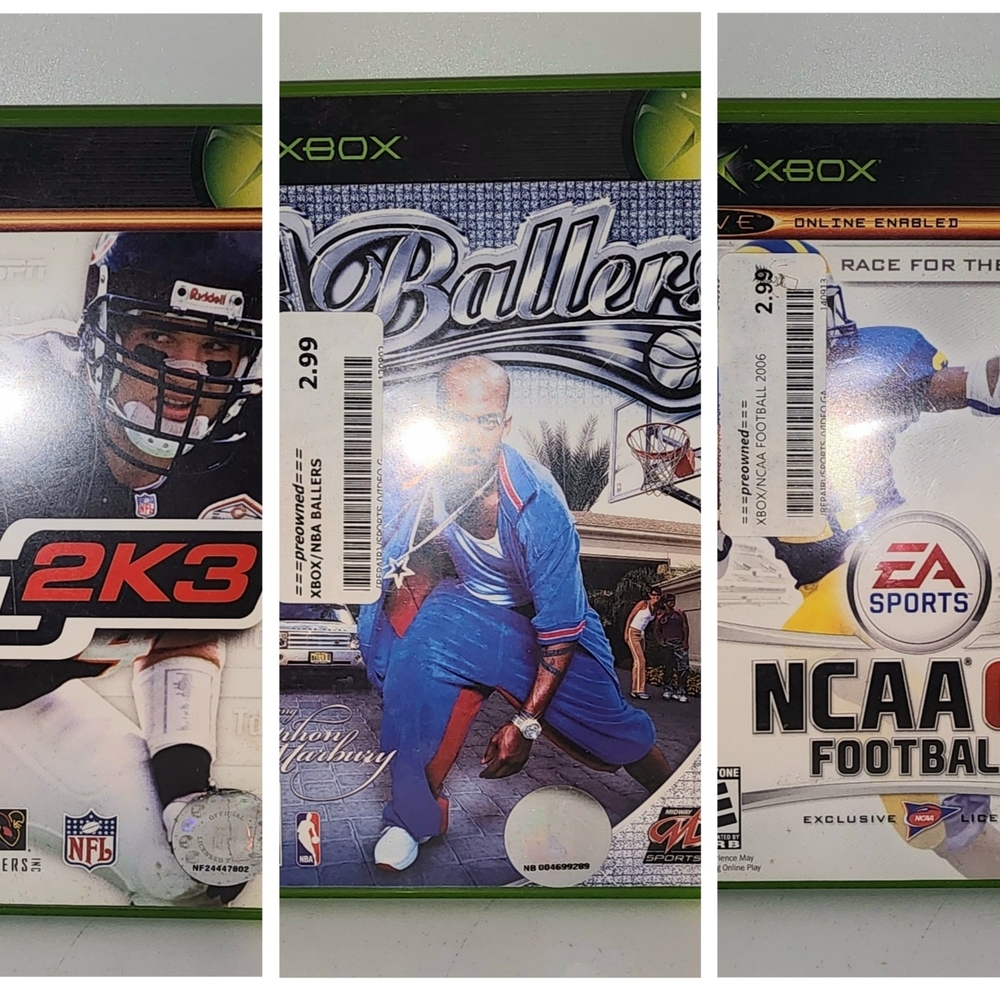 XBOX games NFL2K3, NBA BALLERS, NCAA FOOTBALL 06